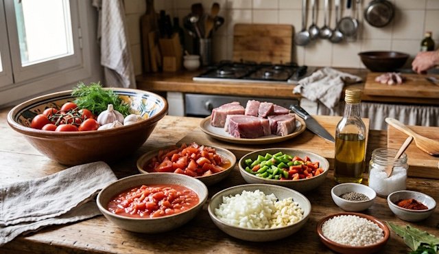 Mise en place de la receta de Bonito con Tomate y Arroz