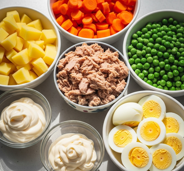 Mise en Place de la receta de Ensaladilla Rusa