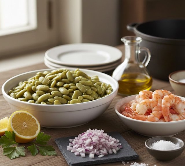 Mise en place de verdinas asturianas, langostinos frescos y sofrito de cebolla