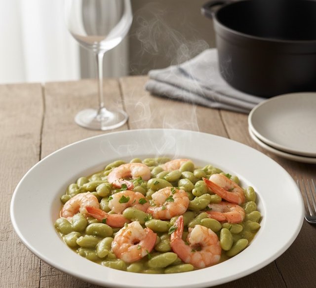 Plato hondo de verdinas con langostinos pelados y perejil fresco en mesa de madera.