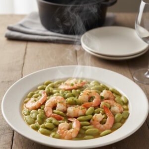 Plato hondo de verdinas con langostinos pelados y perejil fresco en mesa de madera.