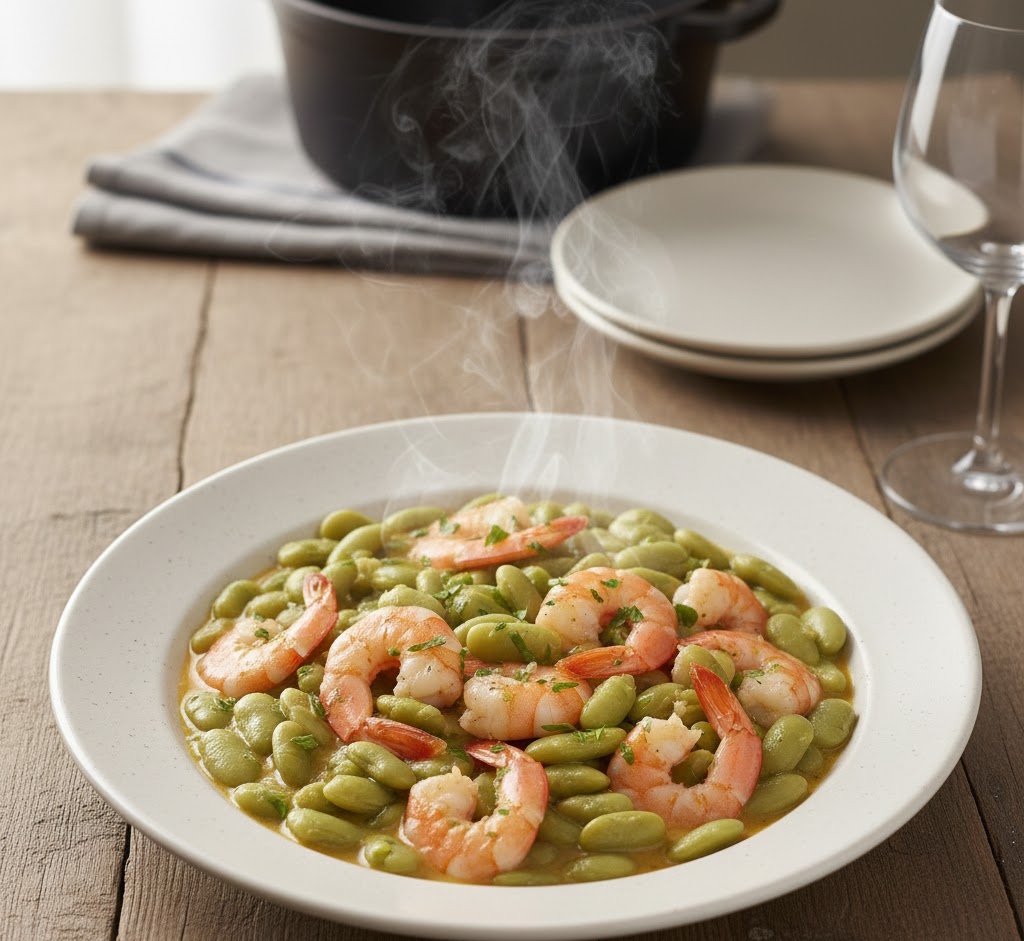 Plato hondo de verdinas con langostinos pelados y perejil fresco en mesa de madera.