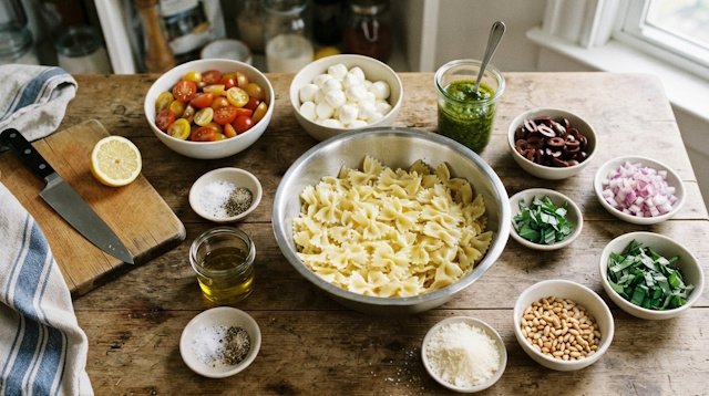 Mise en Place de la receta de ensalada de pasta