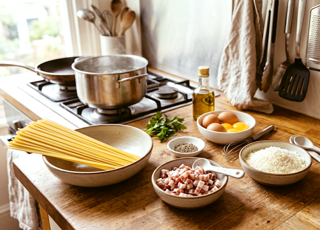 Mise en Place de receta de Espaguetis Carbonara