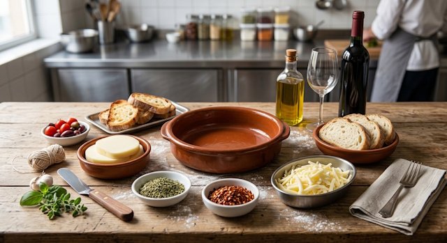 Mise en place de la receta de Queso Provolone al Horno
