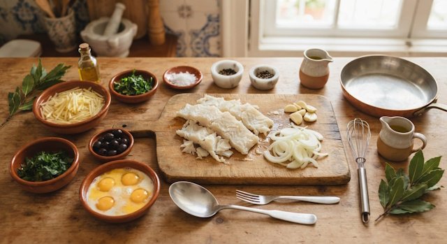 Mise en Place de la receta de Bacalhau Dourada o Bacalao Dorado
