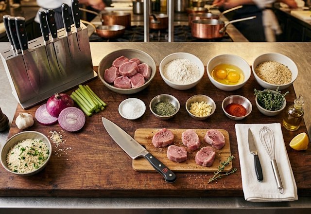 Mise en place de la receta de Solomillo de Cerdo Rebozado