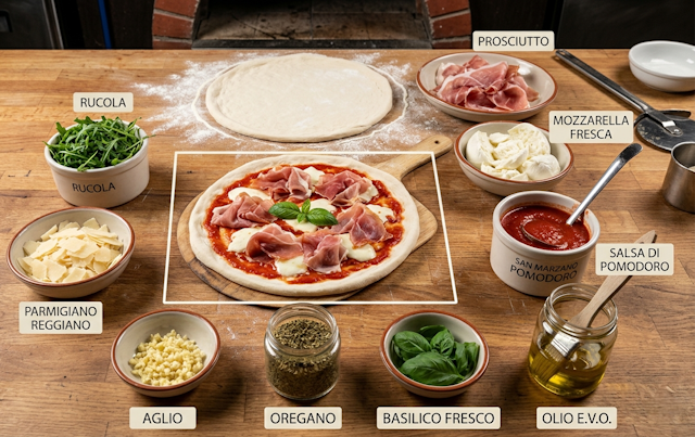 Mise en Place de la receta de Pizza Prosciutto