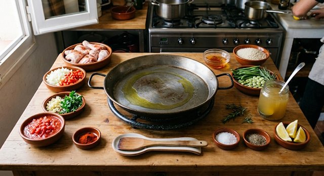 Mise en place de la paella de pavo
