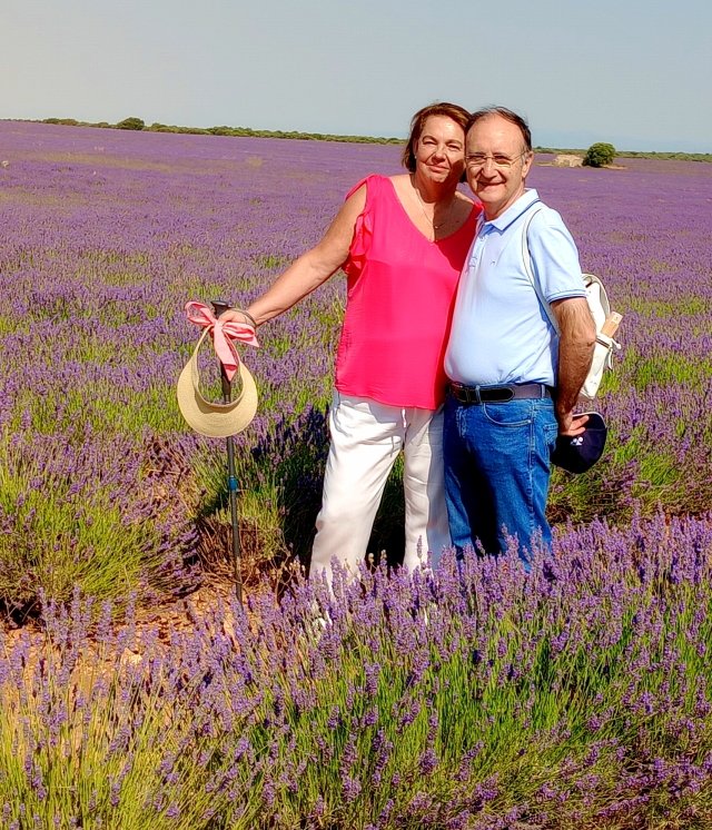 María José y Jesús en campos de lavanda para comer Semifrío de Arce y Lavanda