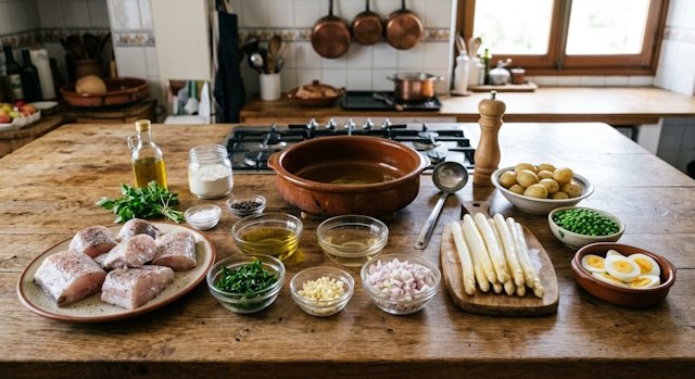 Mise en place de mero en salsa verde