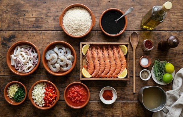 Mise en place de la receta de Paella Negra de Calamares y Gambas