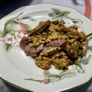 Paella de Secreto Ibérico, Setas y Espárragos