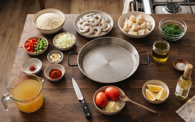 Mise en Place de la receta de Arroz Meloso con Bacalao y Gambas