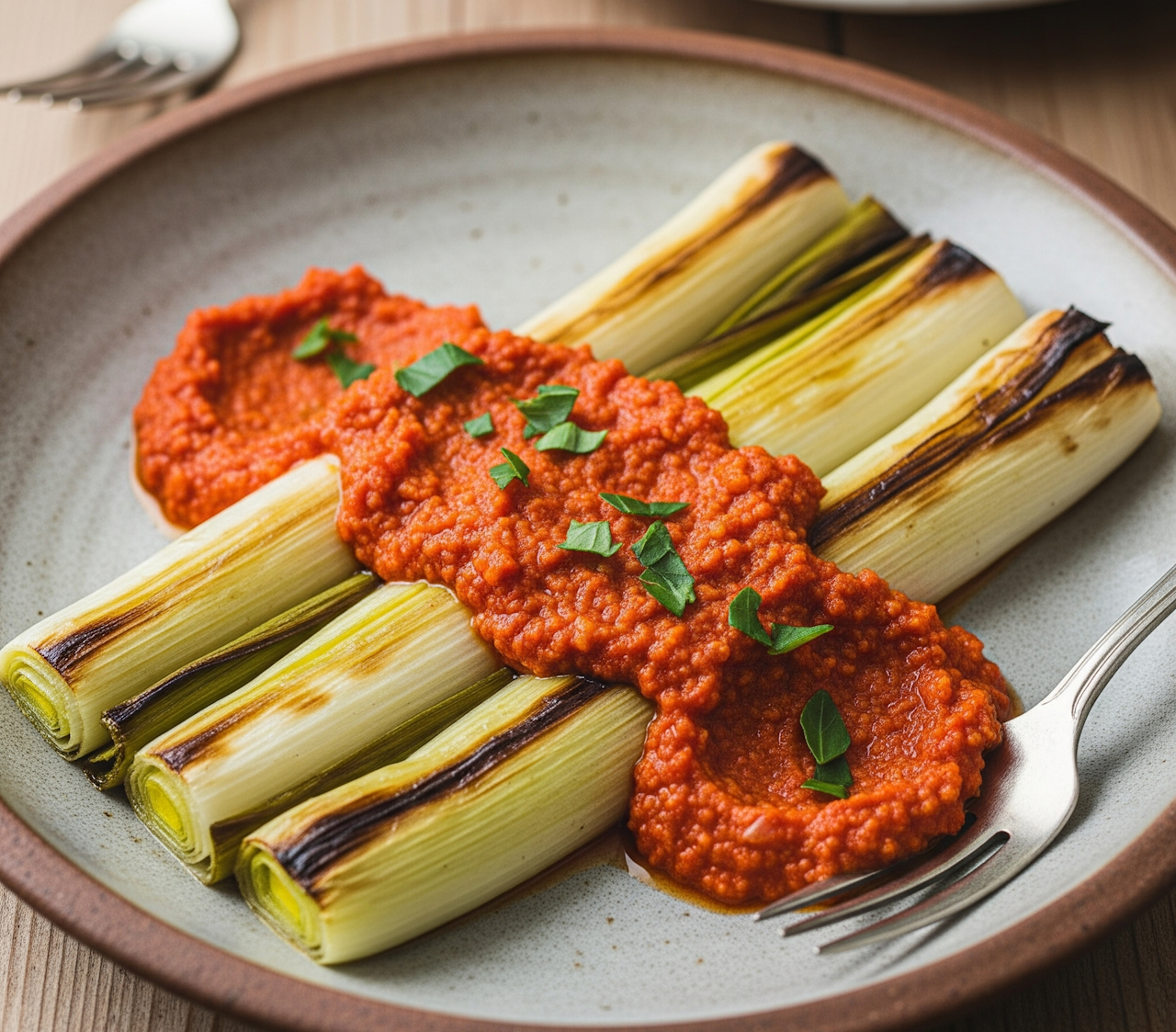Puerros al Horno con Salsa Romesco