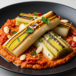 Puerros al Horno con Salsa Romesco