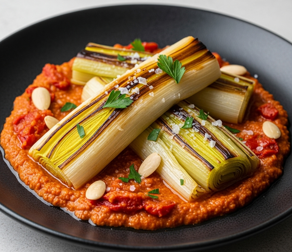 Puerros al Horno con Salsa Romesco