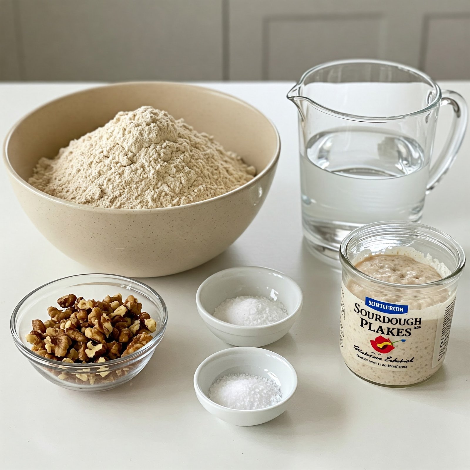 Mise en place pan de espelta con poolish y nueces