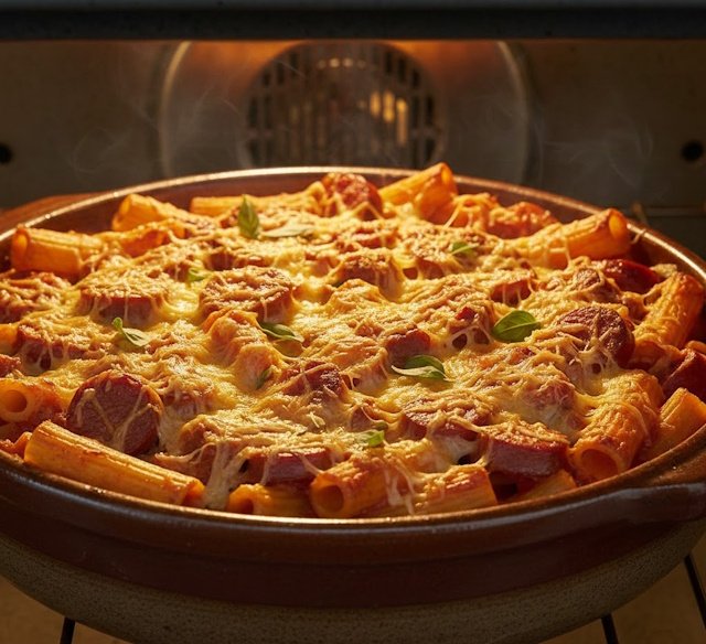Plato de pasta rigatoni con rodajas de chorizo y queso fundido burbujeando dentro de un horno.