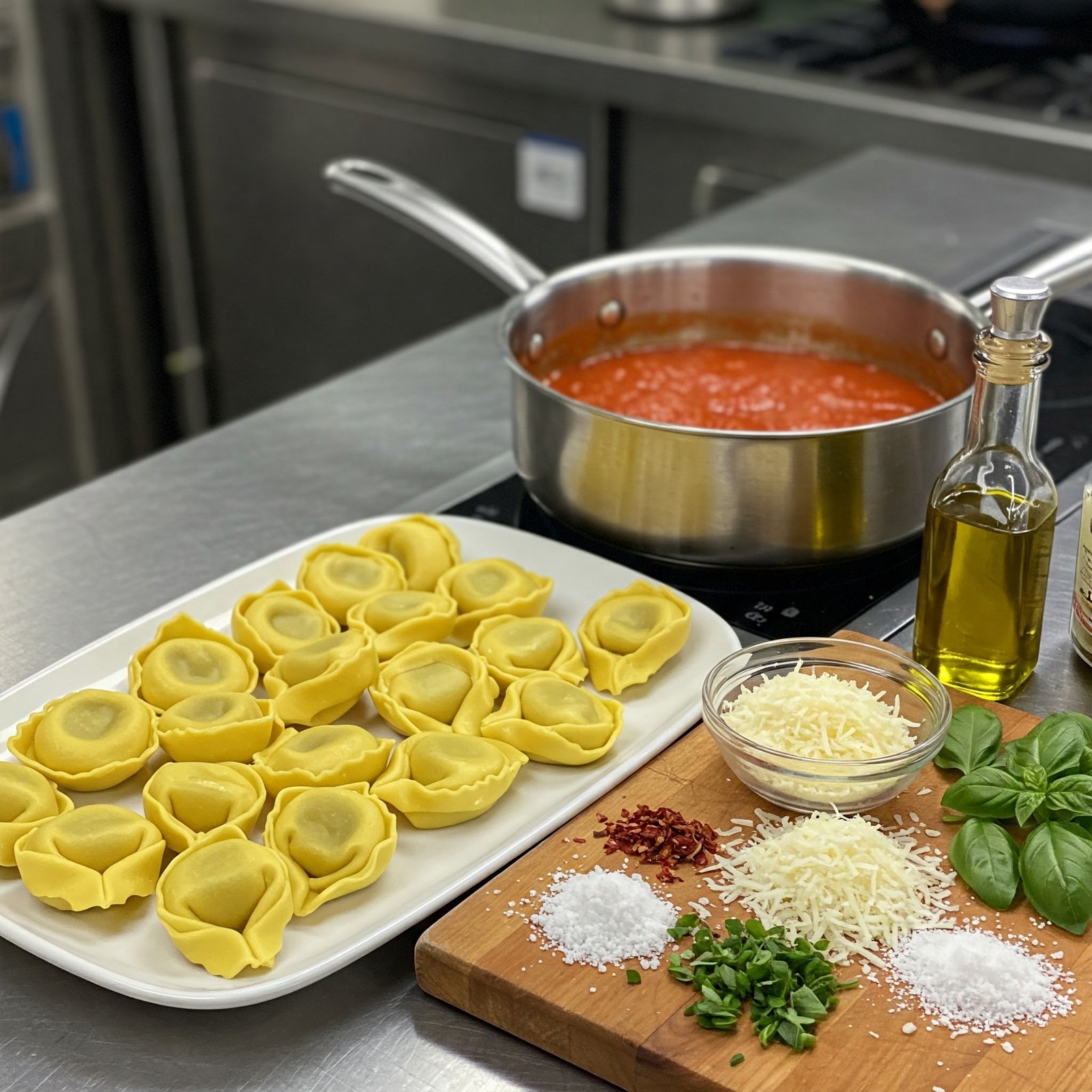 mise en place de la receta de Tortelloni Rellenos en Salsa de Tomate