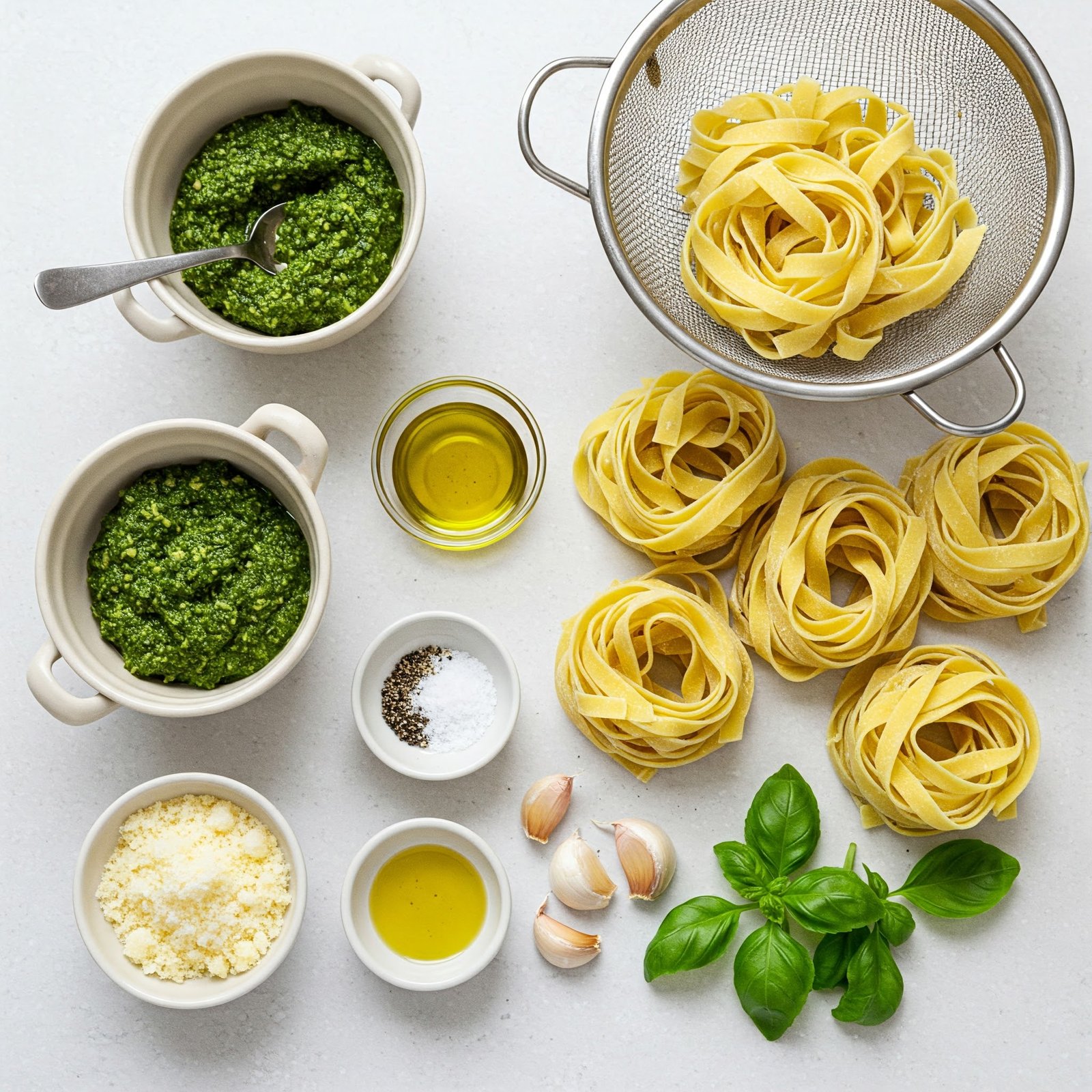 Mise en place de la Receta de Tallarines al Pesto