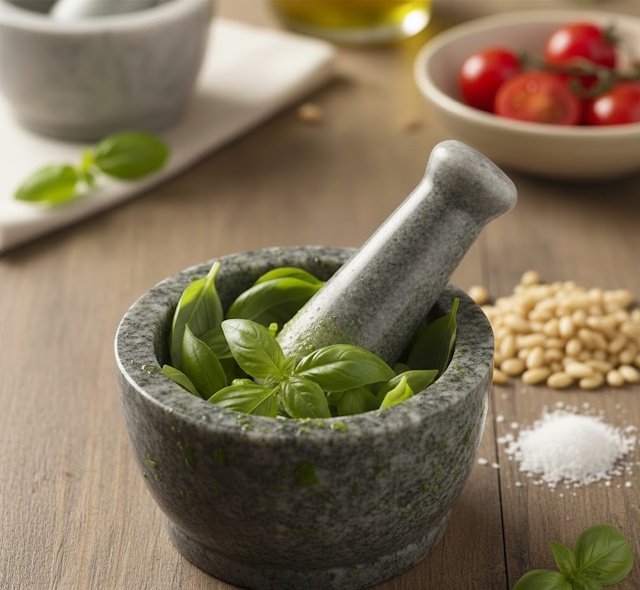 Mortero con albahaca