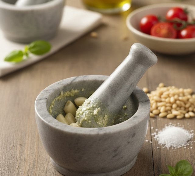 Mortero con piñones