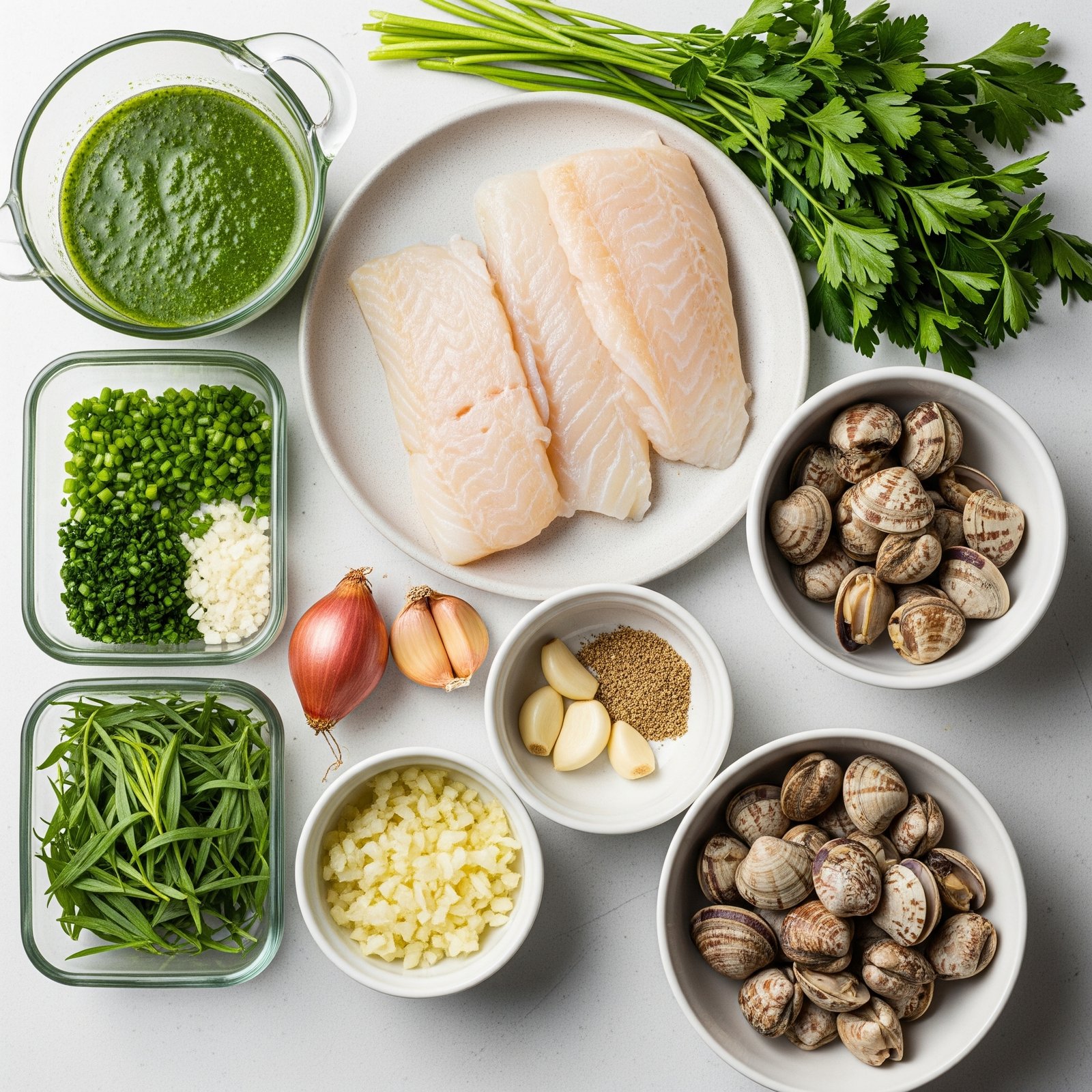 Mise en Place Bacalao en Salsa Verde con Almejas