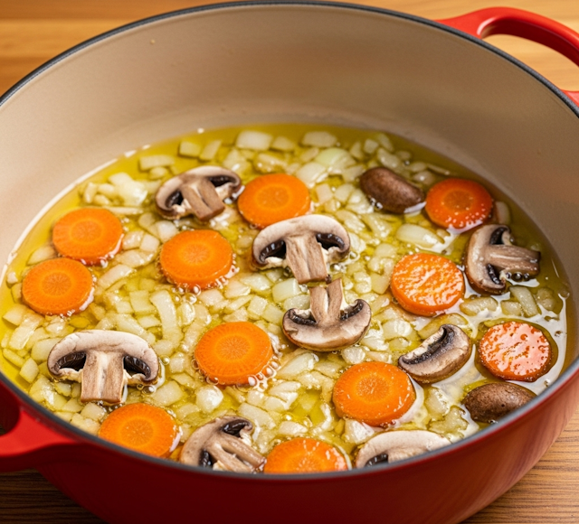 Sofrito cebolla, ajo, zanahoria y champiñones