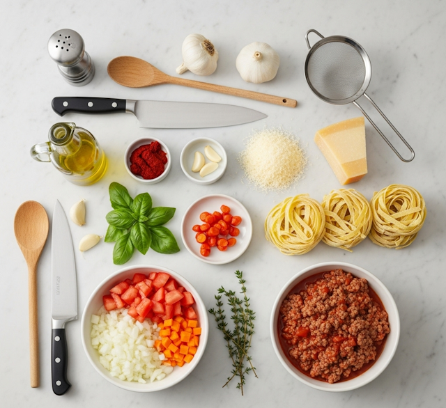 Mise en Place de Receta de Fettuccine boloñesa
