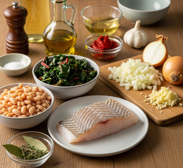 Mise en place de la Receta de Alubias con Acelgas y Bacalao