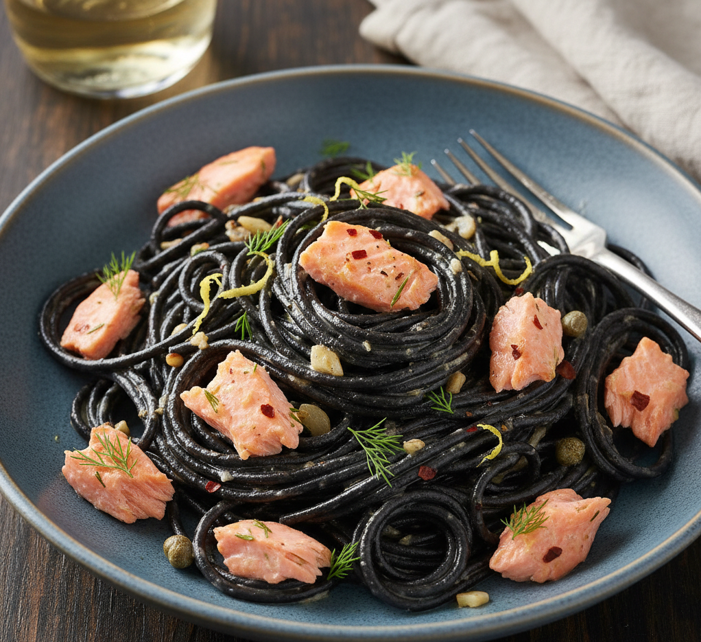 Espaguetis negros con salmón