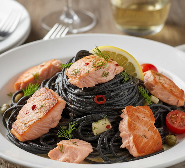 Espaguetis Negros con Salmón