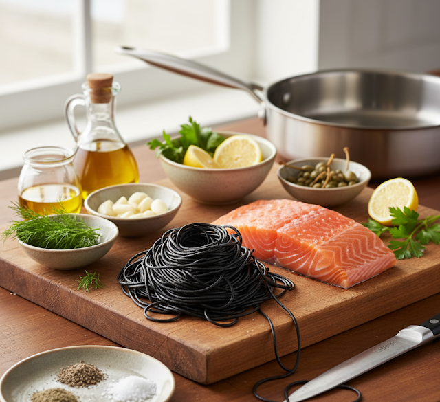 Espaguetis Negros con Salmón