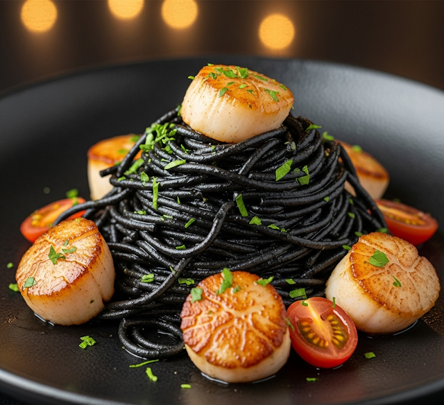 Receta de Espaguetis Negros con Vieiras, Vino Blanco y Perejil