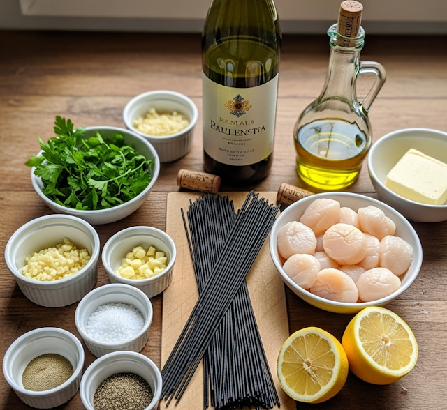 receta de Espaguetis Negros con Vieiras, Vino Blanco y Perejil