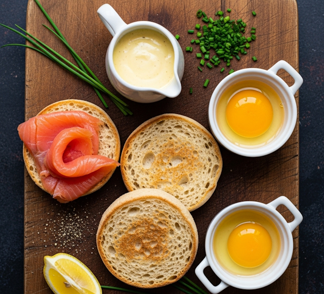Mise en place de la receta de Huevos Benedictinos con Salmón Ahumado