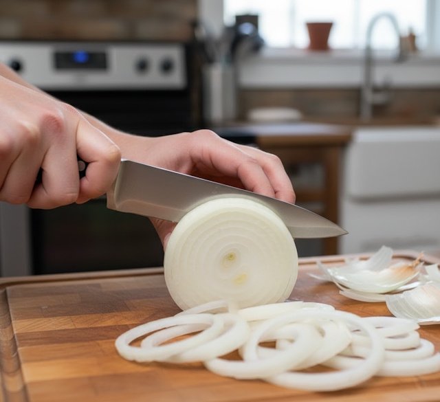Aros de cebolla, uno de los tipos de corte de la cebolla