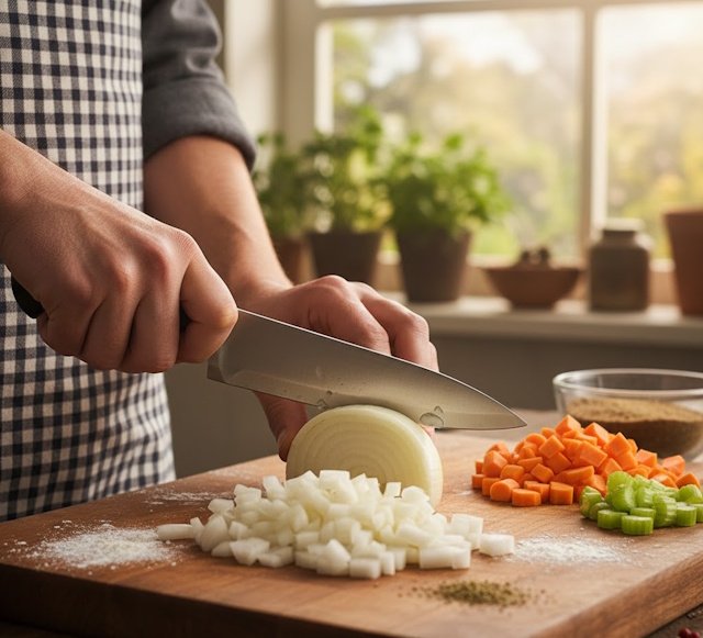Cebolla Brunoise, uno de los tipos de corte de la cebolla