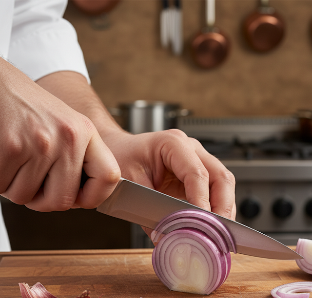 Pluma, uno de los tipos de corte de la cebolla