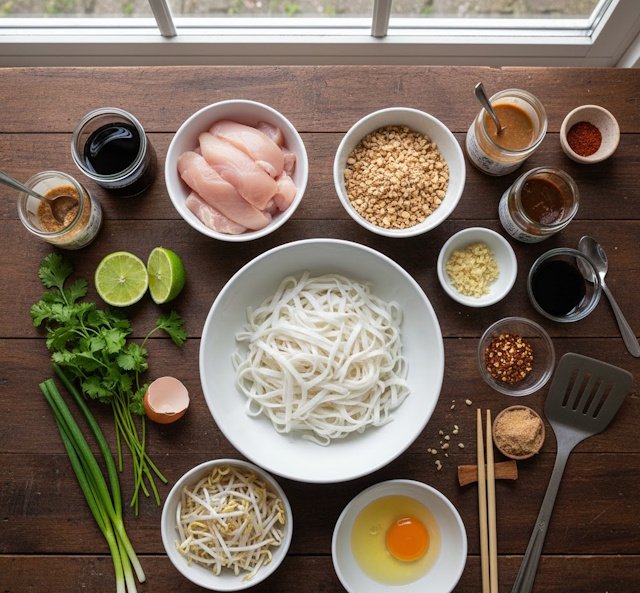 Mise en Place de la receta de Pad Thai de Pollo