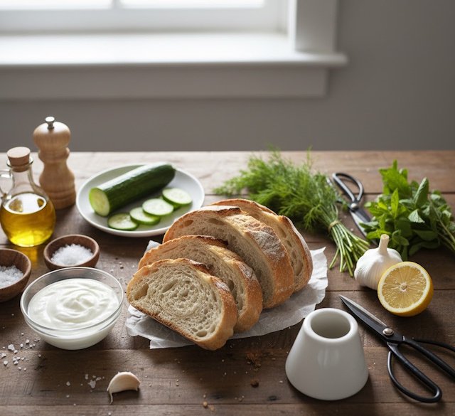 Mise en place de la receta de Pan Tostado con Tzatzíki Griego