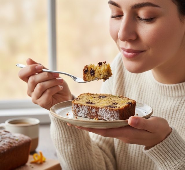 Comiendo la receta de Bizcocho de Naranja, Anís y Chocolate