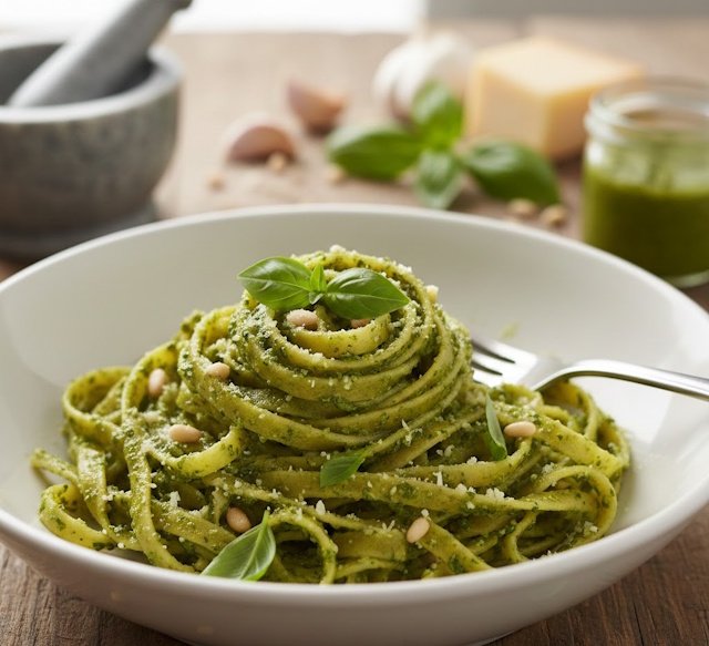 Receta Tagliatelle al Pesto, Plato de tallarines al pesto decorados con albahaca fresca, piñones y queso parmesano en una mesa rústica con mortero de mármol al fondo.