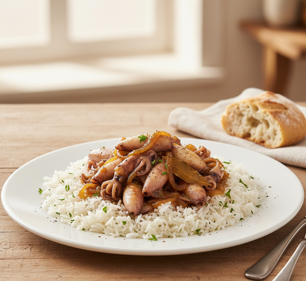 receta de Chipirones Encebollados con Arroz