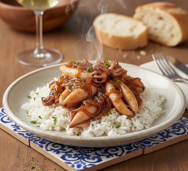 receta de Chipirones Encebollados con Arroz