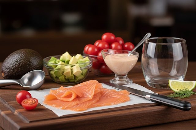 Mise en place de la receta de Cóctel de Aguacate y Salmón Ahumado