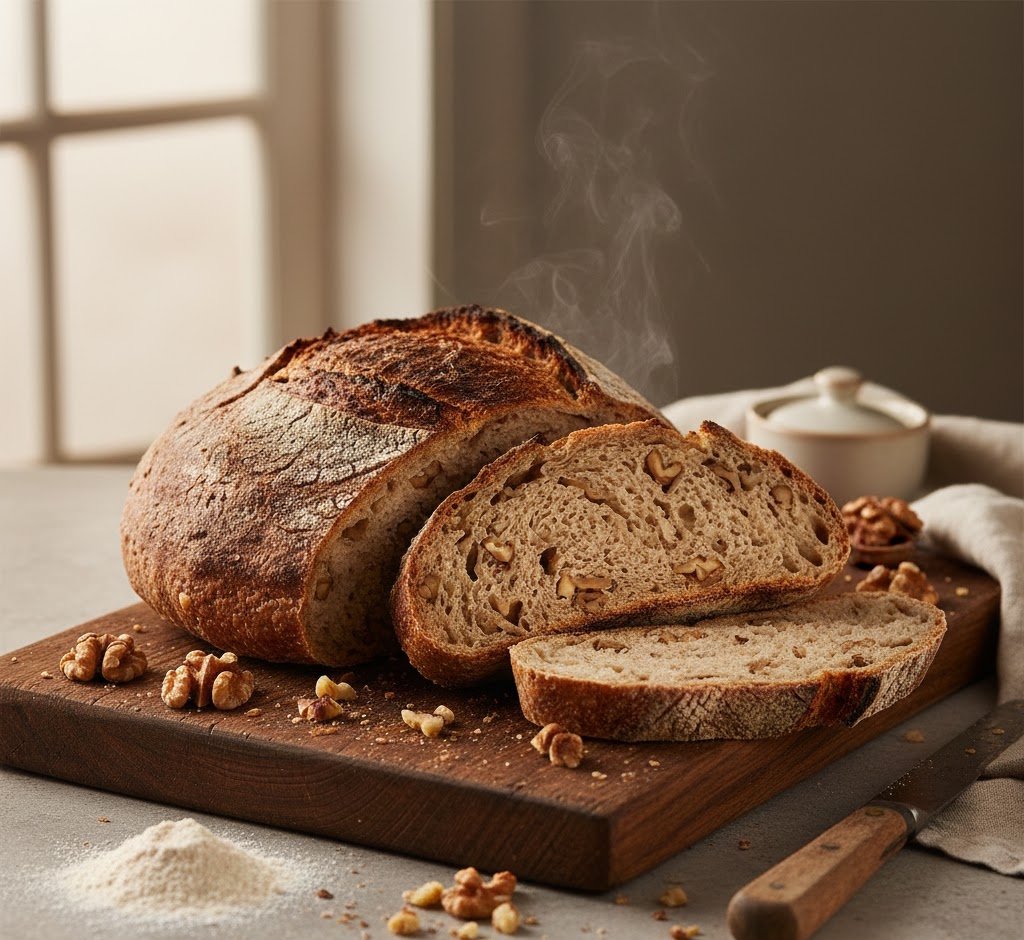 Hogaza de Pan Integral con Masa Madre y Nueces, variante del pan focaccia de aceitunas