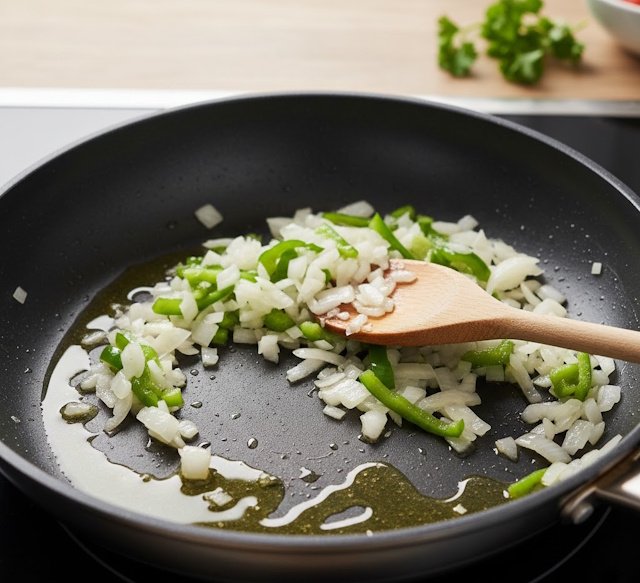 Fritura de cebolla y pimiento verde