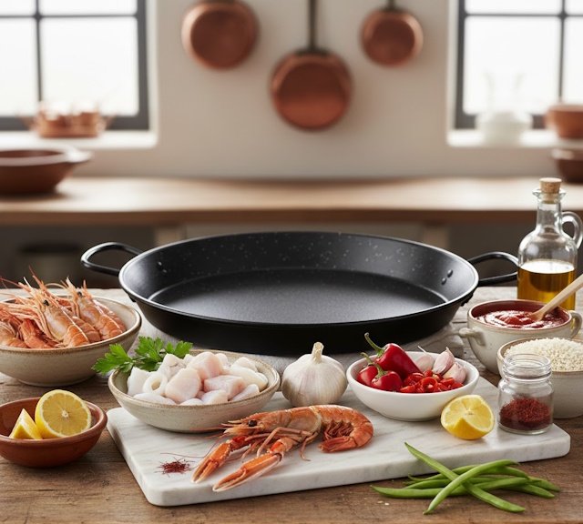 Mise en place de la receta de Paella de Rape Sepia y Langostinos